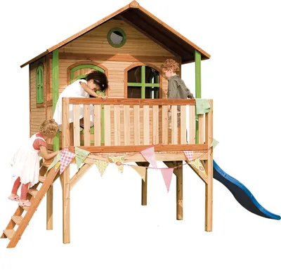 Produktbild von AXI Spielhaus Sophie mit blaue Rutsche | Stelzenhaus in Braun & Grün aus Holz für Kinder | Spielturm mit Wellenrutsche für den Garten
