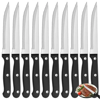 Produktbild von 10er Set Steakmesser Tafelmesser 21 cm Edelstahl Wellenschliff Kunststoffgriff Silber