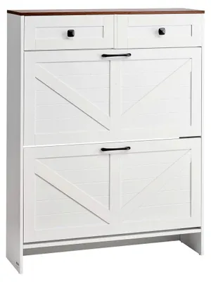 Produktbild von Schuhschrank mit 2 Klappen, Kippschutz und Schubladen, platzsparender Schuhkipper, freistehender Schuhregal-Organizer für Flur, Wohnzimmer und Veranda, Schuhregal 80x24x105 cm in Weiß