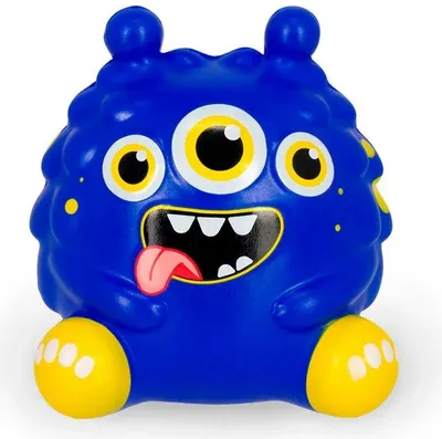A blue, three-eyed monster toy with yellow feet and yellow spots.
