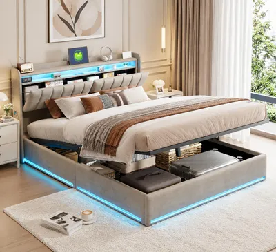 Image de INONEFT, lit capitonné 140 x 190 cm, lit double avec LED et port USB, lit à eau avec espace de rangement et sommier à lattes, lit pour adultes, en velours, couleur gris