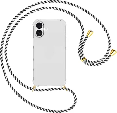 Produktbild von Handykette Backcover-Schutzhülle mit Band (Metall goldfarben) für iPhone 16 Plus - schwarz/weiß gestreift