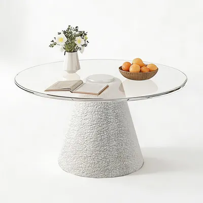 Produktbild von Couchtisch Sofatisch, Gehärtete Glasplatte&Bouclé-bezogener Konussockel aus Holz, Ø 70 cm*H37 cm, Runder Wohnzimmertisch modernes Design Weiß