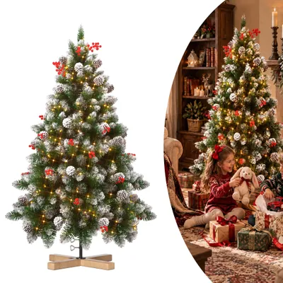 Obrázok produktu pre XINZI Umelý vianočný stromček, výška 180 cm, s integrovanými LED svetielkami, efekt snehu, šišky, červené bobule, robustný drevený stojan, vianočná dekorácia