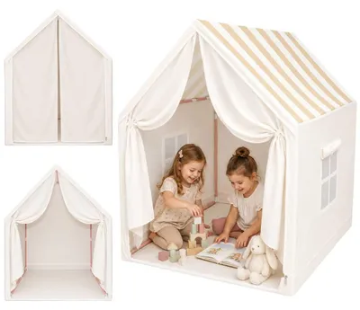 Produktbild von Zelt für Kinder, Spielhaus für das Kinderzimmer, faltbar, beige mit Streifen