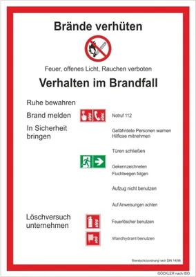 A sign detailing fire prevention and behavior during a fire.