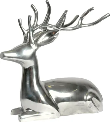 A polished aluminum sculpture of a lying deer with antlers, isolated on a white background.