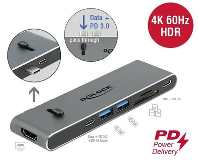Produktbild von DeLOCK 87752, Kabelgebunden, USB 3.2 Gen 1 (3.1 Gen 1) Type-C, Grau, MicroSD (TransFlash), SD, 3840 x 2160 Pixel, Metall
