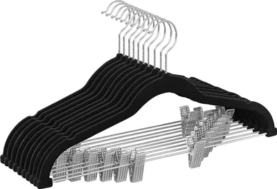 Produktbild von Platzsparende Samt-Hosenbügel mit verstellbaren Clips – Rutschfeste Anzug- und Kleiderbügel für Jacken, Hemden und Röcke – 360° drehbarer Haken – 12 Stück