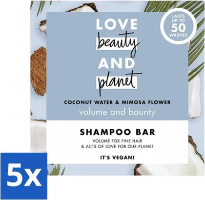 Produktbild von Love Beauty and Planet - Shampoo-Riegel - Kokoswasser & Mimosenblüte - Feuchtigkeit & Volumen - 90 g - Vorteilspack - 5 Stücke