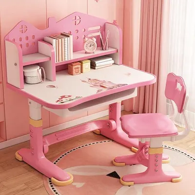 Produktbild von Kinderschreibtisch, Höhenverstellbarer Schreibtisch Kinder mit Schublade, Kind Tisch Stuhl Set im Cartoon Design, Schreibtischstuhl Kinder & Kinderschreibtisch Mädchen, Lernset in Rosa (Rosa)