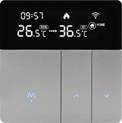 A smart thermostat with a digital display and touch buttons.