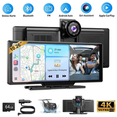 Image de Caméra de tableau de bord avec écran tactile de 10 pouces, autoradio, caméra de recul sans fil, compatible Carplay et Android Auto, caméra avant 2 canaux en 4K, caméra de recul en 1080p, 64 Go de stockage, fonction de vision nocturne