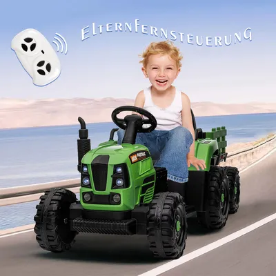 Produktbild von Elektro-Kindertraktor mit Anhänger fahren Fernbedienung Elektroauto Drei Geschwindigkeiten einstellbar USB MP3 Bluetooth LED für Kinder Grün