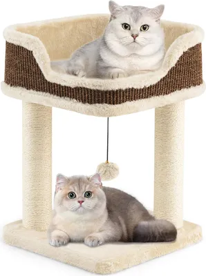 Image de Petit arbre à chat COSTWAY, arbre à chat avec siège en peluche, balle & griffoirs en sisal, arbre à chat en bois, meuble pour chats, tour pour chats, 38x38x51cm, Beige