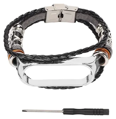 Immagine prodotto di Bracciale in pelle compatibile con Xiaomi Mi Band 6, stile etnico, cinturino per orologio retrò, nero e argento