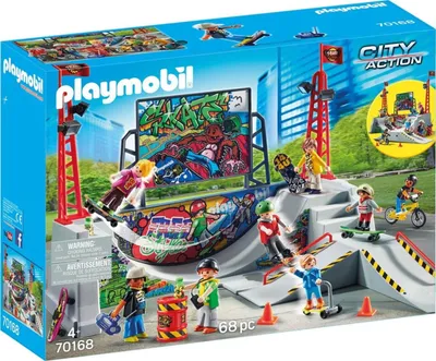 A Playmobil City Action Skater Park playset box, showing the assembled toy with figures and accessories.