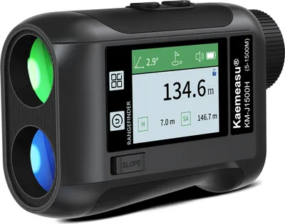 A black golf rangefinder with a digital display showing measurements and settings.