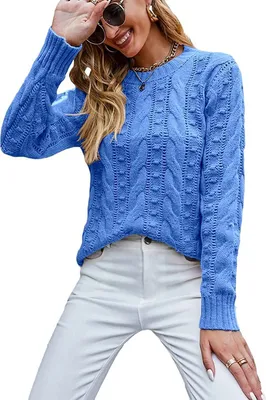 Produktbild von ASKSA Damen Elegant Pullover Casual Langarm Strickpullover Grobstrick Pulli Sweatshirt Oberteile, Blau, 2XL
