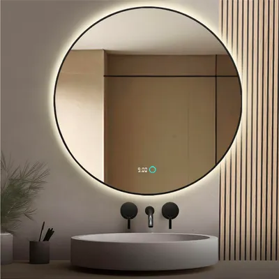 Produktbild von Lumoire® Badspiegel mit beleuchtung – 100 cm Rund – Mit Anti-Beschlag & Digitaluhr – Matt Schwarz