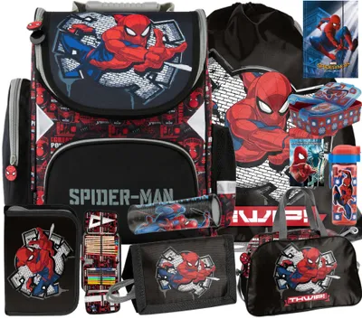 Produktbild von 10tlg Spiderman Schulranzen set Rucksack Federtasche Sportbeutel Trinkflasche Brotdose Reisetasche Brieftasche Notizbuch Einschlagmappe Schlamperta