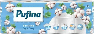 Obrázek produktu pro Toaletní papír "Sensitive Aquabond", bez parfemace, 3-vrstvý, 10 rolí, PUFINA PP20773