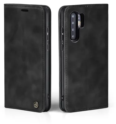 A black flip case for a smartphone is shown from two angles.