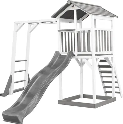 Produktbild von AXI Beach Tower Spielturm aus Holz in Weiß & Grau | Spielhaus für Kinder mit grauer Rutsche, Klettergerüst und Sandkasten | Stelzenhaus für den Garten