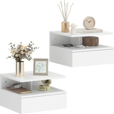 Image de Lot de 2 tables de chevet murales - Table de chevet - Avec tiroir - Bois - 35×32×22,5 cm - Moderne - Blanc