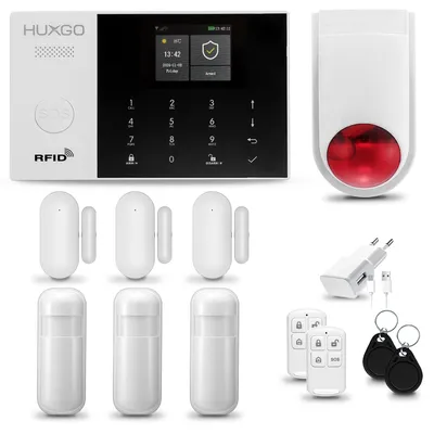 Produktbild von HUXGO HXA005 Alarmanlage Haus WiFi + GSM 4G mit Funksirene Alarm Set mit 3x Bewegungssensor und 3x Tür- Fenstersensor, Alarmanlage für Wohnung, Garage