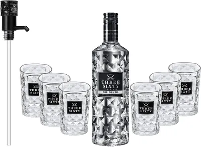 Produktbild von Three Sixty Set Geschenkset - Three Sixty Vodka Wodka3L 3000ml (37,5% Vol) +Pumpe + 6x Tumbler 0,2l 200ml Facettenschliff Glas- [Enthält Sulfite]