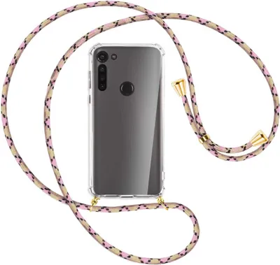 Produktbild von Handykette Backcover-Schutzhülle mit Band (Metall goldfarben) für Motorola Moto G8 - rosa Karo