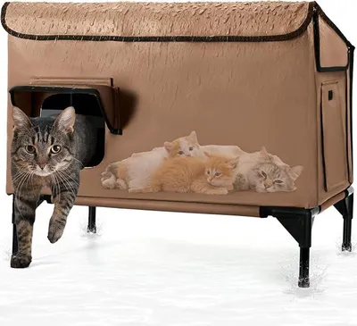 Produktbild von Großes Katzenhaus Outdoor Winterfest Isoliert, Erhöhtes Katzenhaus für Draußen mit Schrägdach und Fluchttür für Verwilderte Freigängerkatzen, Streunerkatzen vom Bauernhof (Braun)
