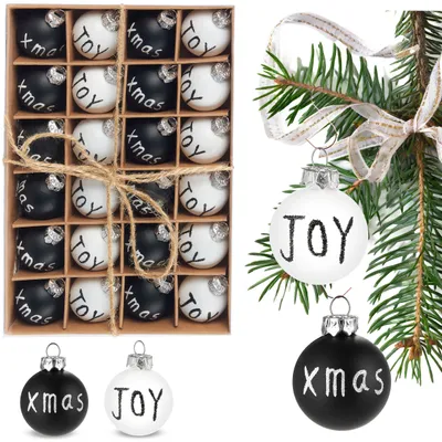 Produktbild von BRUBAKER 24er Set Weihnachtskugeln Joy & Xmas - 3 cm Mini Christbaumkugeln - Christbaumschmuck handbemalt - Bruchsichere Baumkugeln, Schwarz und Weiß