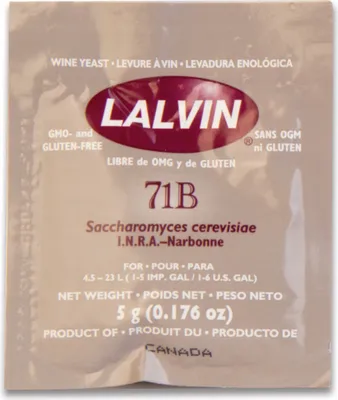 A close-up of a single packet of Lalvin 71B wine yeast.