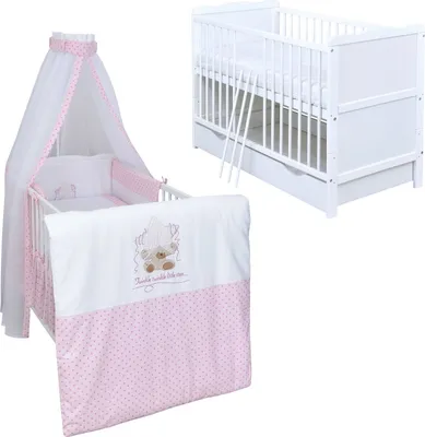 Produktbild von Baby-Delux Babybett Kinderbett Jack 140×70 weiß inkl. Schublade Bettwäsche komplett Set Twinkle Star Rosa