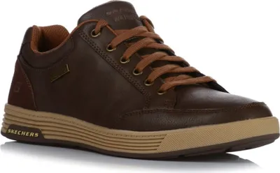 A single brown leather sneaker is shown from a side angle against a white background.