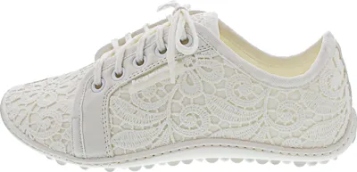 A side view of a white lace sneaker.