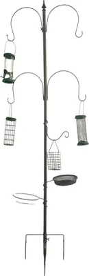 Produktbild von Relaxdays Vogelfutterstation, 6-in-1, Erdspieß, Wasser- & Futterschale, Korb, Körnerspender, Stahl, Futtersäule, grau