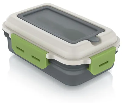 Produktbild von Arendo Lunchbox rechteckig 1,2 l, Brotdose mit Trenntablett 4 Fächer, Saucenbox und Spork, auslaufsicher, Silikondichtung, Klickverschluss, mikrowellengeeignet, grau/grün