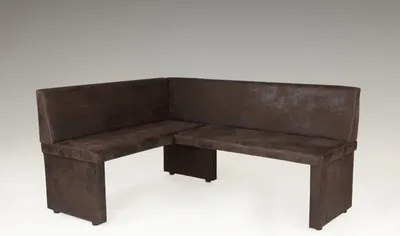 A brown corner bench is shown against a plain light gray background.