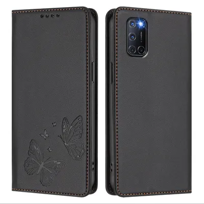Image de Étui en cuir pour Oppo A52 / A92 / A72 4G, motif papillon en relief, étui à rabat avec fonction support, noir