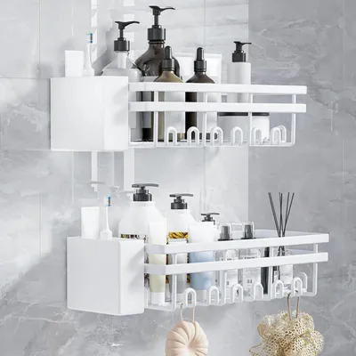 Image de Ensemble de 2 étagères de douche sans perçage, avec crochets et 2 paniers de douche
