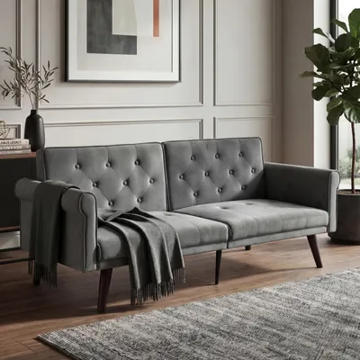 Produktbild von Klappbare 150 cm Schlafcouch als Futon-Sofa, 5-fach verstellbare Rückenlehne, Loveseat für kleine Räume, Gästebett, Grau