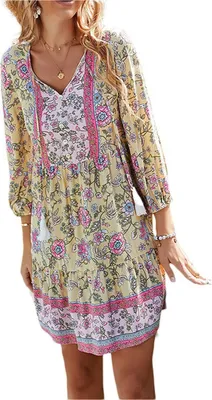 Produktbild von ASKSA Damen Sommerkleid 3/4 Ärmel V-Ausschnitt Schnürung Boho Blumenkleid Strandkleid, Aprikose, XL