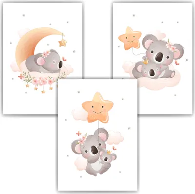 Produktbild von Koala Mama Bilder 3er Set DIN A4 Kinderzimmer Wandbilder Babyzimmer Poster Dekoration