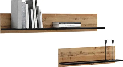 Produktbild von Wandregal 2 Stück je 100cm breit, Wandboard, dunkles Holz mit schwarzem Schwebe-Regal für Bücher, Bilder, Deko, Wohnzimmer, Schlafzimmer, Esszimmer, Flur
