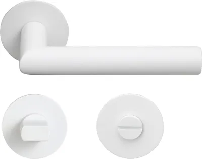 A white door handle set with a flat rose, shown from multiple angles against a white background.