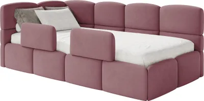 Produktbild von Selsey Cloudy – Kinderbett 120x200, Kopfteil links, Matratze & Bettkasten, Samt Rosa