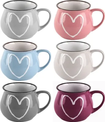 Produktbild von Orion Becher Kaffeebecher Teebecher Tasse Keramikbecher mit Henkel Trinkbecher bunte Herzen 6er-Set 320ml
